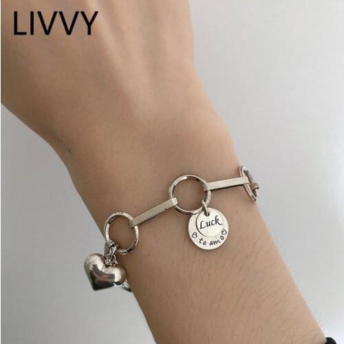 LIVVY Luck Letter Round Brand Heart Shaped Bracelet Female Unique Design Silver Color Retro Fashion Luxury Jewelry