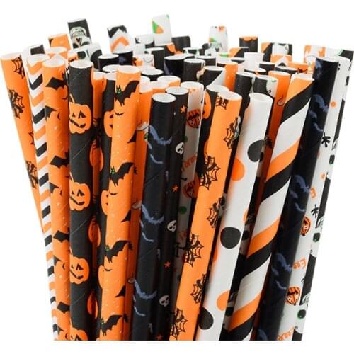 25pcs Paper Straws White Black Orange Bat Ghost Pumpkin Drinking Straws For Halloween Birthday Party Decor Disposable Straws