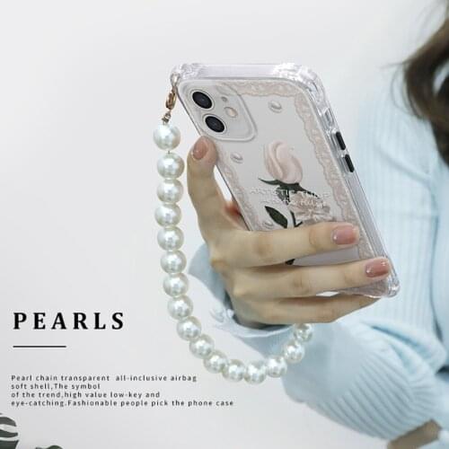 For Apple 12promax phone shell iPhone11 female transparent new 12pro 11Promax lace soft shell Pearl chain 12 anti-fall sleeve