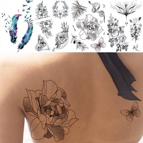 Black Lily Orchid Temporary Tattoos For Women Girls Realistic Feather Snake Fake Flower Tattoo Sticker Waterproof Tatoos Thigh