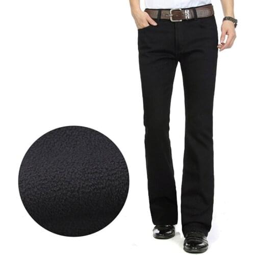 Jeans men 2019 Autumn and Winter Mens Mid-high waist Micro-lace pants pure Black plus velvet thick pants