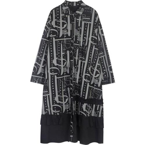 Europe and America Shirts Dresses 2021 Autumn New Large Medium and Long Printed Ear Edge Stitched Shirt Dress Vestidos