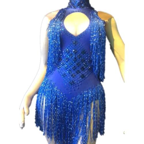 Elegant Blue Tassel Jumpsuit Catch Eyes Women Sexy Latin Dance Singer Bodysuits Stage Show Nightclub Party Skinny Jumpsuits