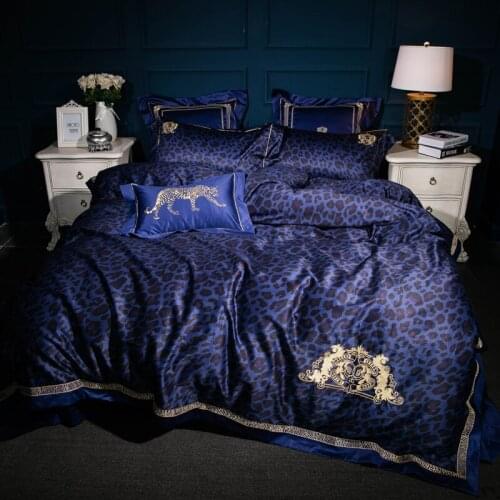 100S Egyptian cotton Luxury Oriental Embroidery Bedding Set Queen King 4pcs Bed sheet set Duvet cover Pillowcases blue leopard