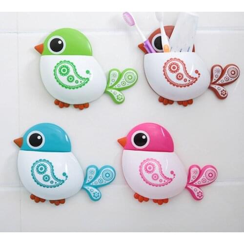 Lovely Cartoon Bird Toothbrush Holder Wall Suction Cup For Kids Bathroom Organizer Toothpaste Storage Box Bathroom Accessories