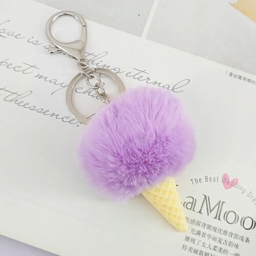 2017 Newest Fluffy Fur Pom Pom Ice Cream Keychain Women Fuax Rabbit Fur Ball Pompom Key Chain Pompon Key ring Llaveros chaveiros