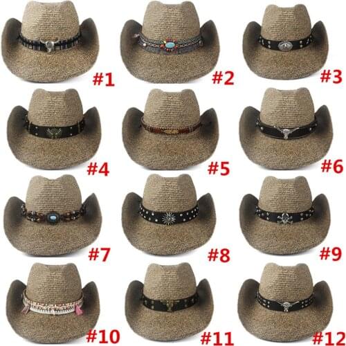 Fashion Women Men Hollow Western Cowboy Hat Lady Dad Beach Sombrero Hombre Straw Panama Cowgirl Jazz Sun Cap Size 56-58CM