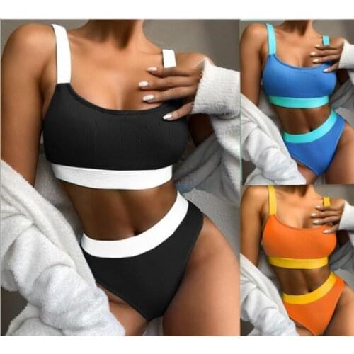 New High Waist Bikinis 2021 Swimsuits Swwomen Splicing Biquini Beachwear Sports Ribbed Bathing Suits