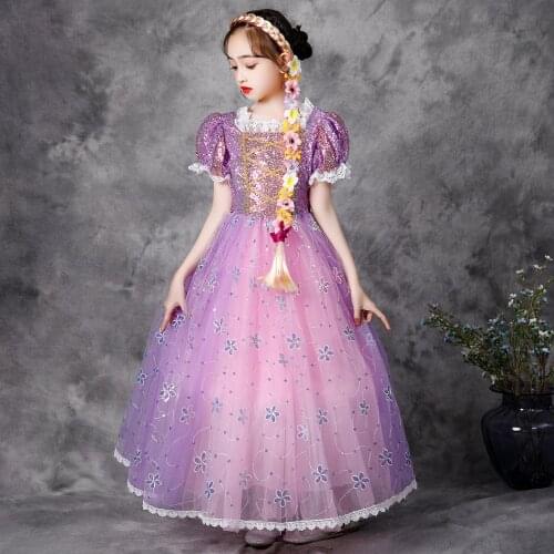 Girl Princess Dress Dress Up Party Costume Kids Halloween Cosplay Dresses Floral Puff Sleeve Ball Gown Braided Wig Gloves Kit