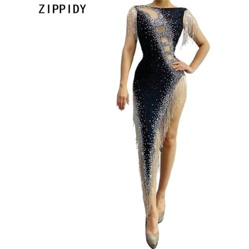 Black Silver Stones Fringes Dress Female Singer Evening Celebrate Show Costume Outfit Prom Latin Dance Birthday Dress