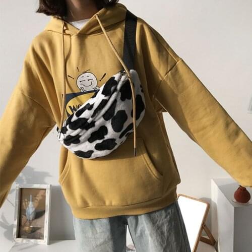 Women Cow Print Plush Waist Fanny Pack Pouch Travel Hip Bum Shoulder Bags Purse 20CA