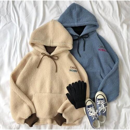 Winter thick warm lamb hair fake two-piece stitching high collar letter embroidery hooded pullover sweater