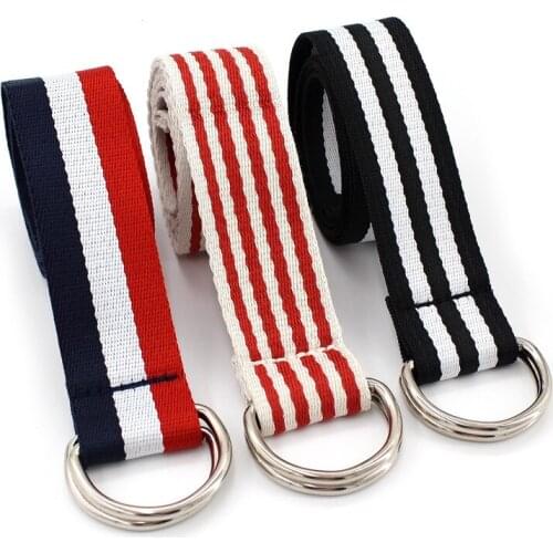 Street Style Canvas Belt Stripe Belts For Women Punk Waist Strap Silver Double Buckle Without Holes Reversible Woven Belt Jeans
