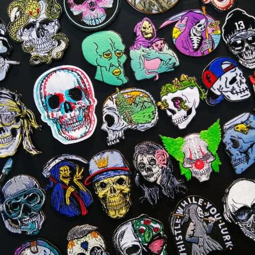 Iron On Patches For Clothing DIY Hippie Punk Skull Patch Rock Biker Embroidered Patches For Jacket Colorful Skeleton Badge
