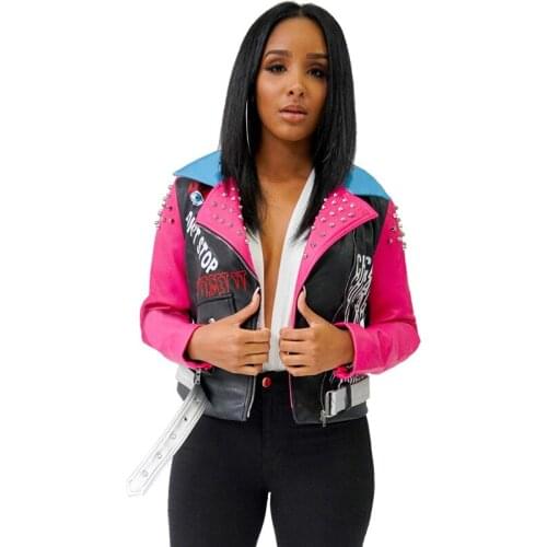 PU Leather Jacket Women Motorcycle Biker Jacket Zipper Coat Girls Spring Jaket Pink Black Rivet Blade Lips Printed Jackets 2020