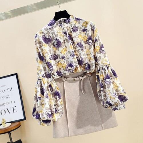 Rose Chiffon Printed Women Blouse Summer New 2021 O-Neck Lantern Sleeved Loose Lady Elegant Pulls Outwear Tops