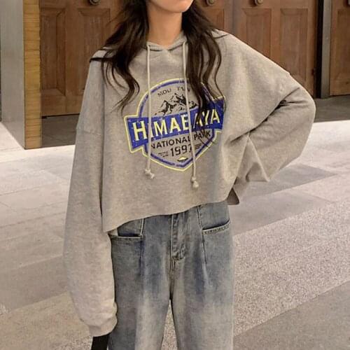 Cropped Hoodies For Women Himalaya Graphic Sweatshirt With Hood Unsewn Hem Short Oversized Hoody