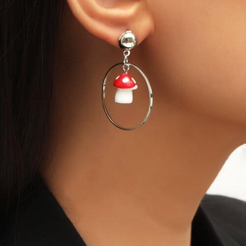 Womens Fashion Silver Color Metal Round Circle Drop Earrings For Women Cute Red White Resin Mushroom Dangle Earring Jewelry