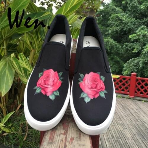 Wen Original Floral Shoes Flower Red Rose Slip On Design Woman Girl Canvas Sneakers Ladies Flat Shoes Courtship Birthday Gift
