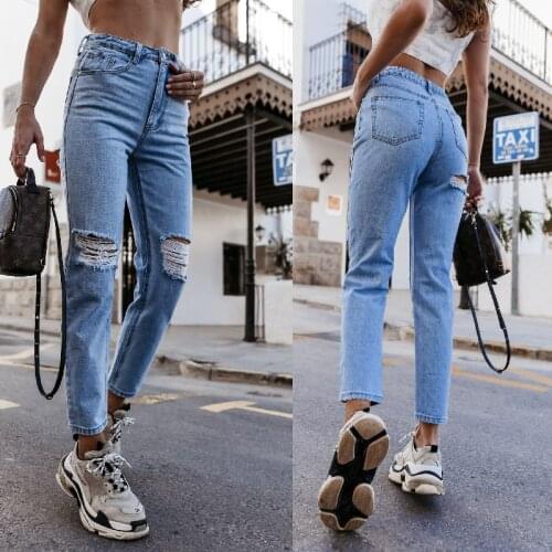 Womens Casual Jeans Hole Slim Feet Denim Trousers Pencil Pants