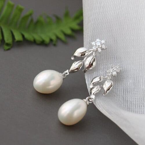 Authentic 925 Sterling Silver Earstuds Fashion Natural Freshwater Pearl Lady Leafage Earrings Wedding Party Fine Jewelry Gift