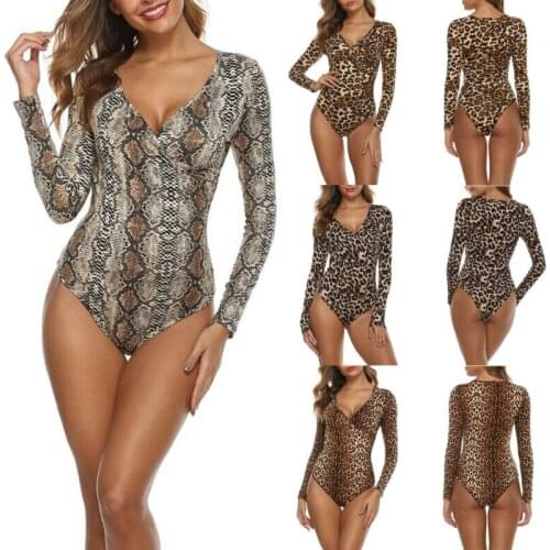 Womens Leopard Snakeskin V-Neck Long Sleeve Romper Bodycon Jumpsuit Bodysuit Leotard Tops Clubwear