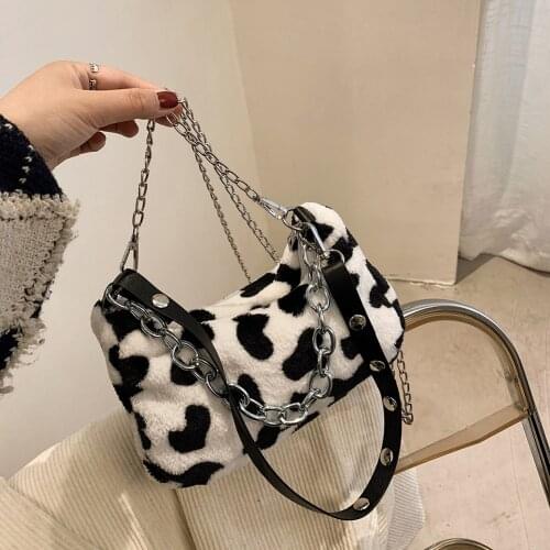 2021 Winter Cow Print Cloud Bags For Women Soft Plush Leopard Shoulder Bags Female Chain Bag Crossbody Warm Fluffy Underarm Bags
