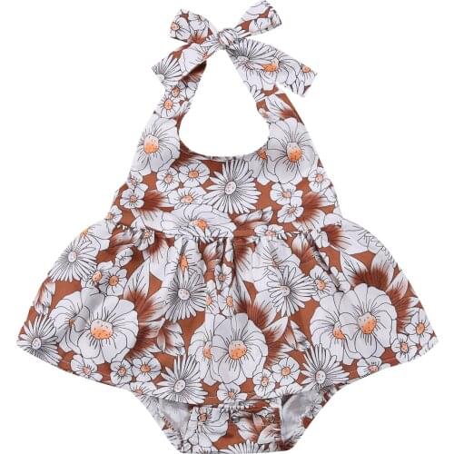 Baby Girls New Casual Halter Romper White Floral Printed Pattern Sleeveless U-shaped Collar 1 piece For Summer