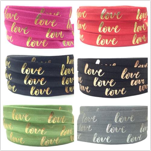 16MM Gold Silver Foil LOVE Print Fold Over Elastic 10Y FOE Satin Ribbon for DIY Headwear Bracelet Hair Accessory Wholesale