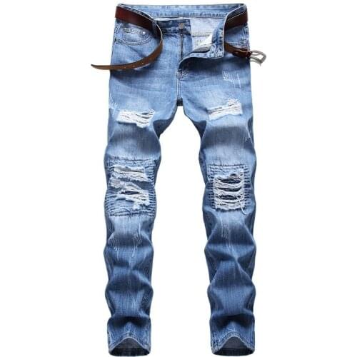 2021 Autumn Spring Mens Ripped Street HIP HOP Punk Stretch Bike Jeans Trendy Holes Straight Denim Trouers