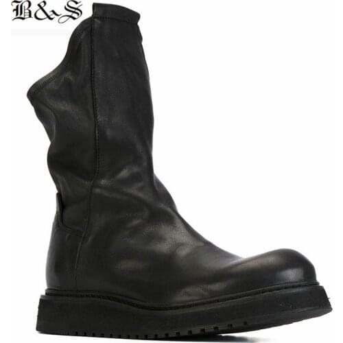 Black& Street 2018 vintage Winter Fur Warm Inner Fever Men sock Boots genuine leather black platform Rock Trend Casual Boots