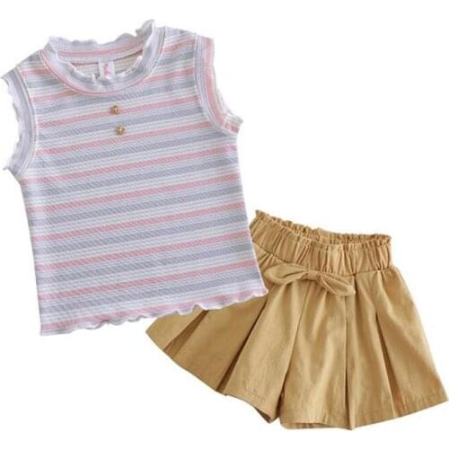 DFXD Baby Girl Clothing Set New 2020 Summer Casual Outfit Wood Ear Sleeveless Striped Vest Top Bow Shorts Cotton Kids Sets 1-7T