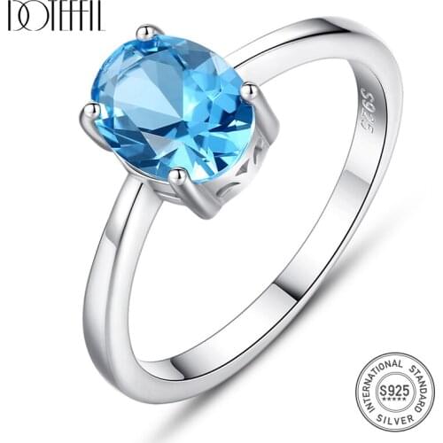 DOTEFFIL Natural Solitaire Sky Blue Oval Topaz Stone Sterling Silver Ring For Women Fashion S925 Fine Jewelry Finger Band Rings