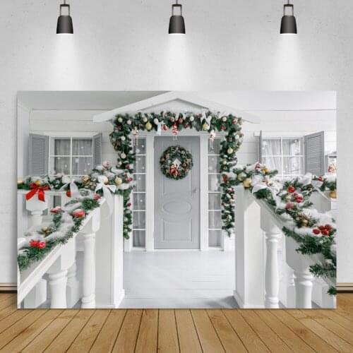 Laeacco White Arch Door Christmas Wreath Photograhic Backdrops Window Floor Child Portrait Photocall Poster Photo Backgrounds
