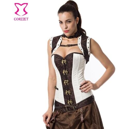 6XL Vintage Brown White Brocade Bustier Sexy Korsett For Women Gothic Clothing Steampunk Corset Plus Size Corsets and Bustiers