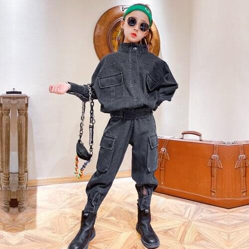 Trend Baby Girls Clothes Jeans Denim Suit Sets 4 6 8 10 12 13 Years Teens Kids Girls Short Jacket Coats jeans Joggers 2pcs Sets