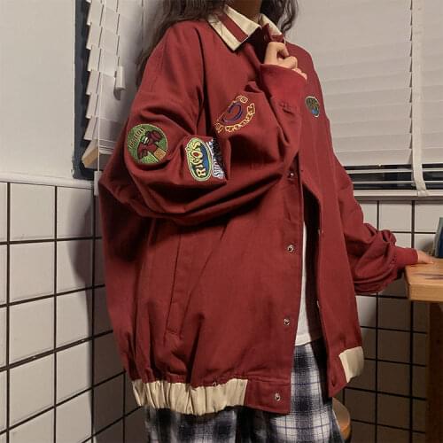 Vintage Color Blocking Womens Jacket Baseball Uniform Coat 2021 Autumn Winter Embroidered Hip Hop Rock Casual Loose Couple Top