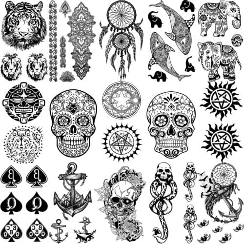 Small Black Henna Skeleton Temporary Tattoos For Women Adult Girls Whale Elephant Tiger Anchor Fake Tattoo Washable Tatoos Paper