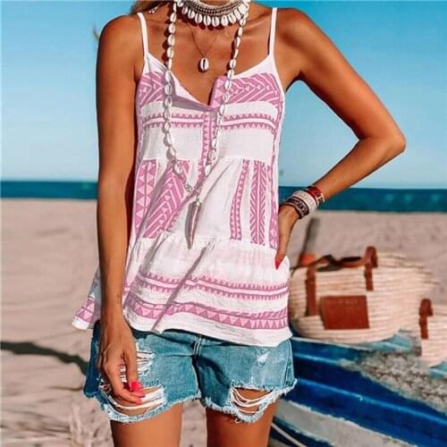 Sexy Ladies Tank Top Summer Women Printed Chiffon Beach Striped Camisole Shirts Button Loose Sleeveless Tshirts Backless Vest