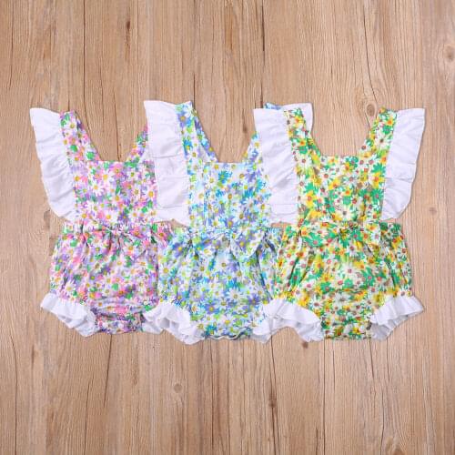 Sweet Summer Toddler Infant Fly Sleeve Rompers Clothes Baby Girls Lovely Daisy Printing Bow Lace Decoration Backless Jumpsuit