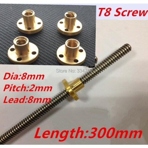 New 2pcs/ lot T8 Lead Screw 8mm : 2mm pitch , 8mm lead , 300mm long with flange Copper Nut 3d printer parts z axis