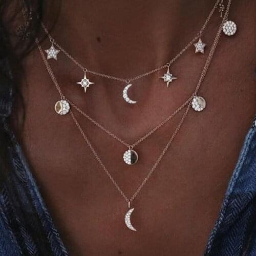 New Fashion Moon Star Cresent Necklace Women Pendant Multilayer Layers Choker Chain Clavicle Gold Necklace Jewelry Wholesale