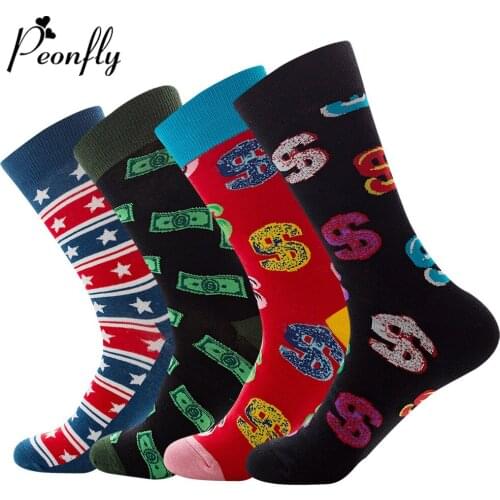 Peonfly Pair 1 Colorful Combed Cotton Funny Dollar Pattern Harajuku Happy Men Novelty Skateboard Crew Casual Socks