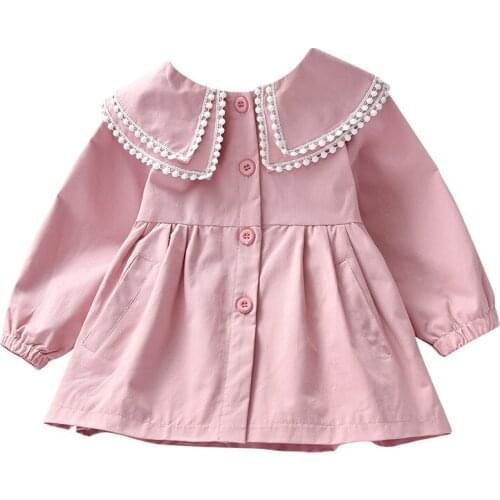 Girls Dress Cotton Childrens Dress 2021 Summer Kids Dress Solid Color Girls Long-sleeved Lapel Single-breasted Princess Dress