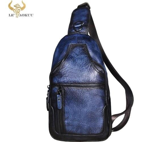 Hot Sale Original Leather Men Casual Fashion Travel Triangle Chest Sling Bag Design 8" Tablet One Shoulder Bag Daypack Male 6601