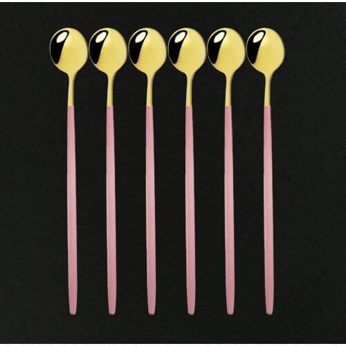 Pink Gold Long Handle Spoon 6Pcs Dinnerware Cutlery Stainless Steel Spoon Polished Stirring Drink Ice Cream Dessert Spoon Set