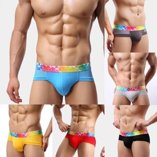 Sexy Men Colorful Waistband Underwear Underpants Mesh Patchwork U Convex Briefs
