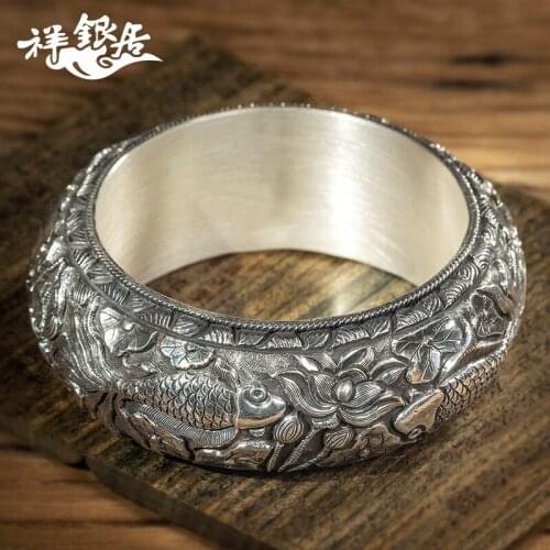 Silver bracelet female pure silver lotus fish lotus fish double fish play lotus Bracelet original retro national style