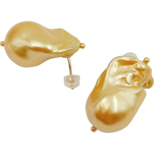 100% freshwater gold baroque pearl 925 silver stud earring-- AA gold Pearl,14-18 mm big baroque pearl earring