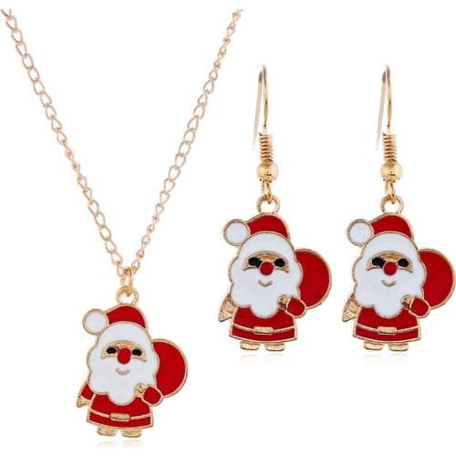3pcs European and American cute cartoon drops of oil color Santa Claus snowman gift earring necklace set